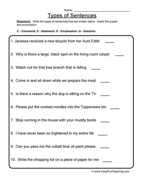 types of sentences worksheet for class 5 with answers
